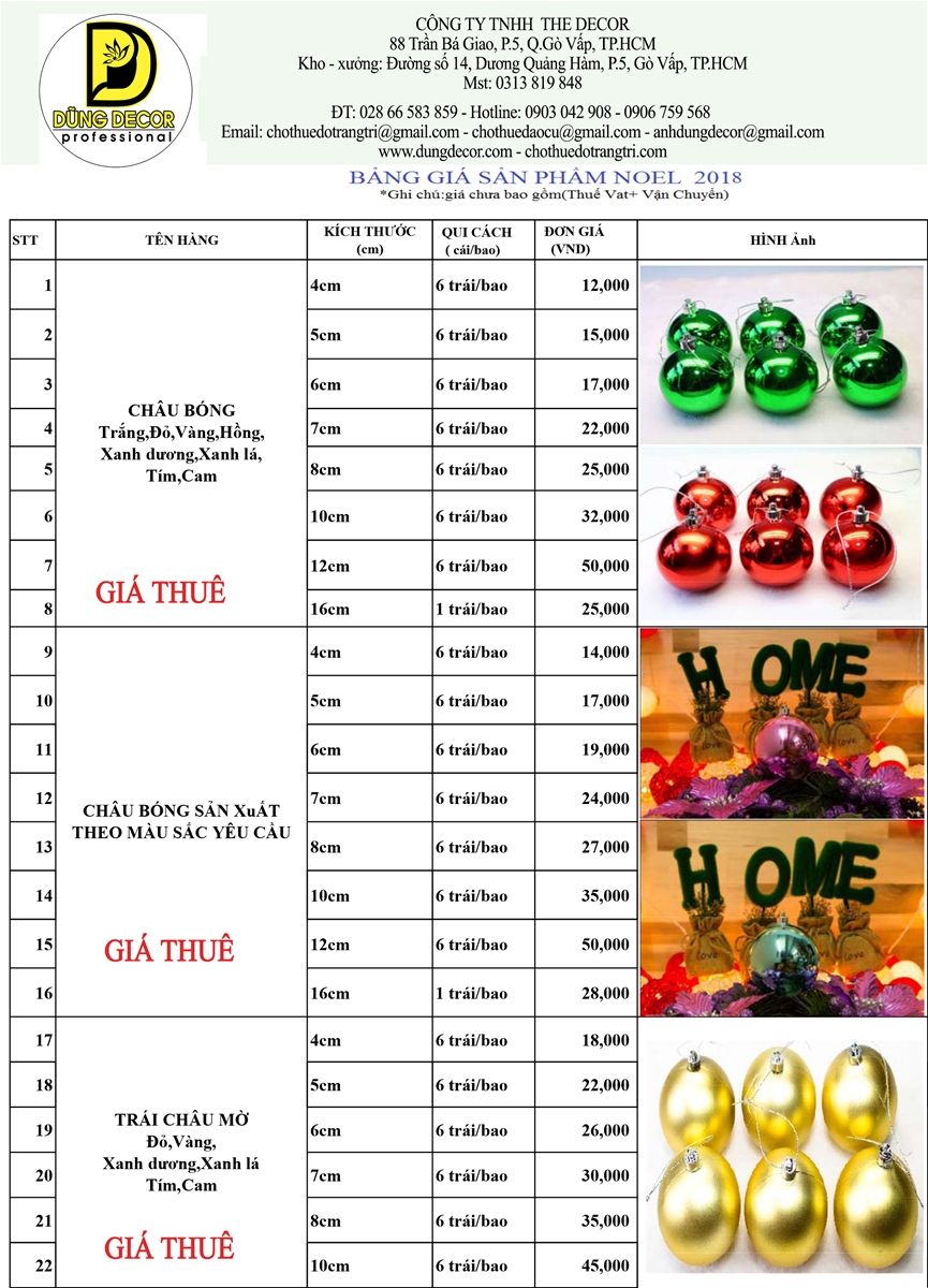 Bảng giá cho thuê trái châu trang trí Noel 2018