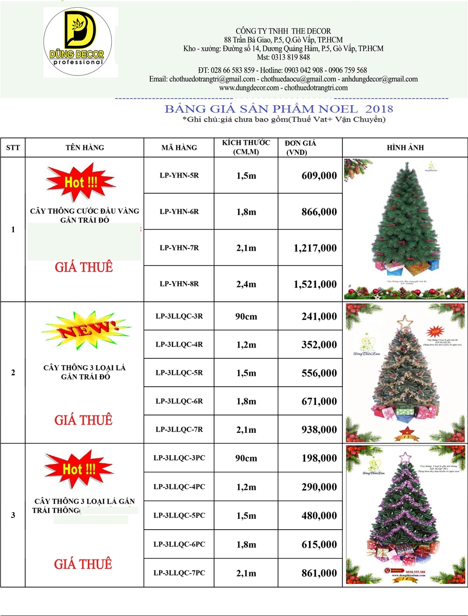 Bảng giá cho thuê cây thông và dây trang trí Noel 2018
